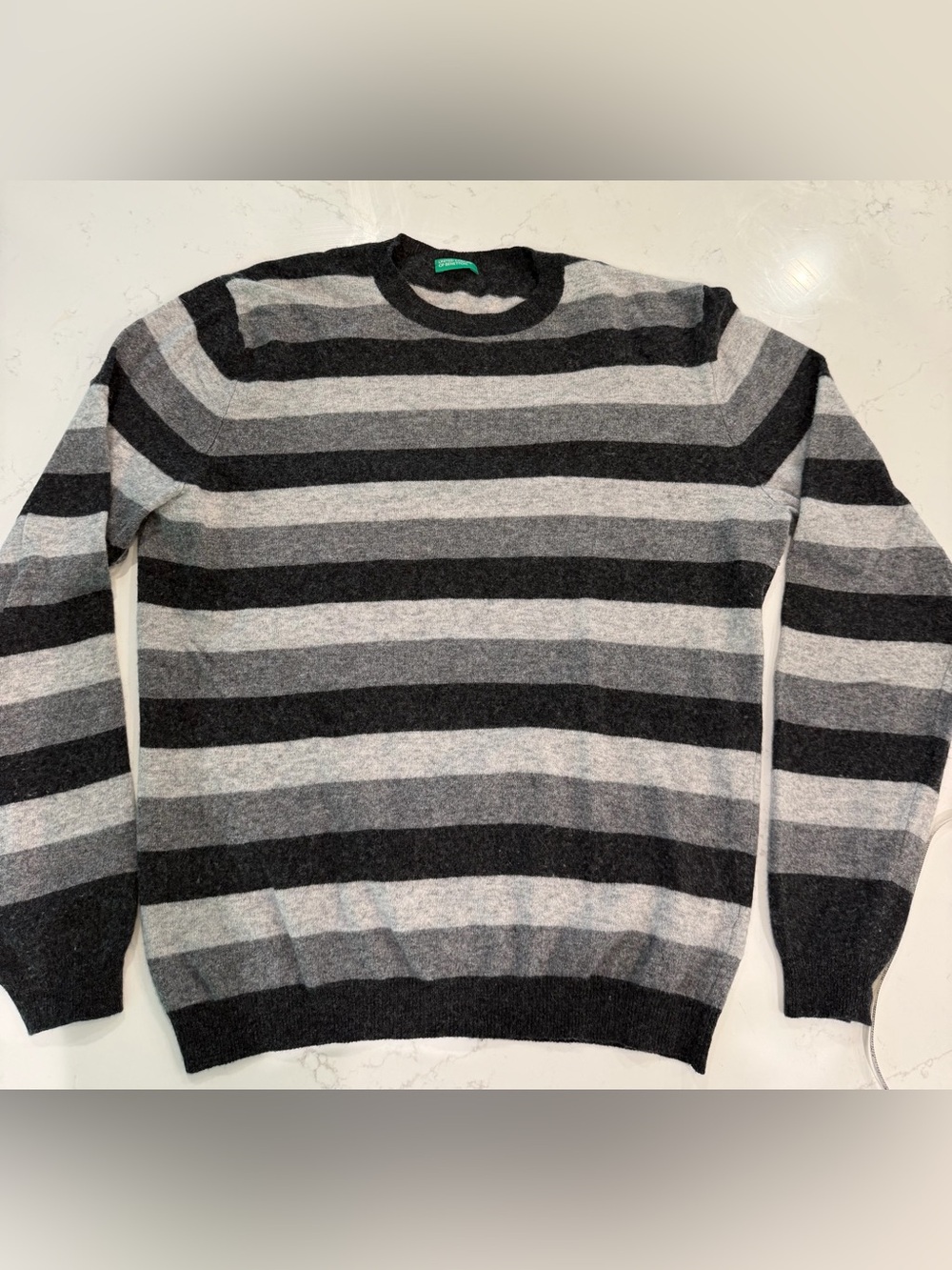 United Colors of Benetton  Vintage Men's Gray & Black Striped Crewneck Sweater